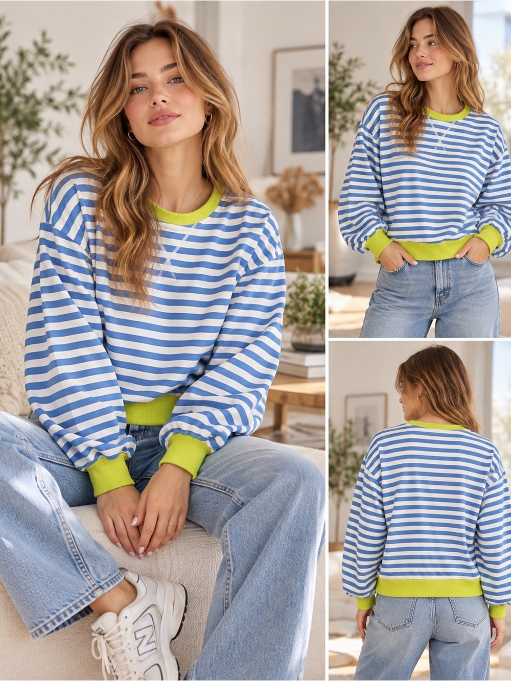 Blue & White Striped Lime Trim Cotton Sweatshirt Hipster Indie |Small| Indie